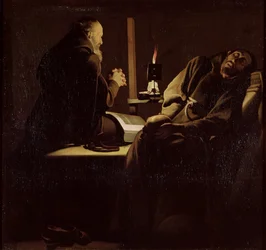 El éxtasis de san Francisco, un monje en oración con un monje moribundo, 1640-45
